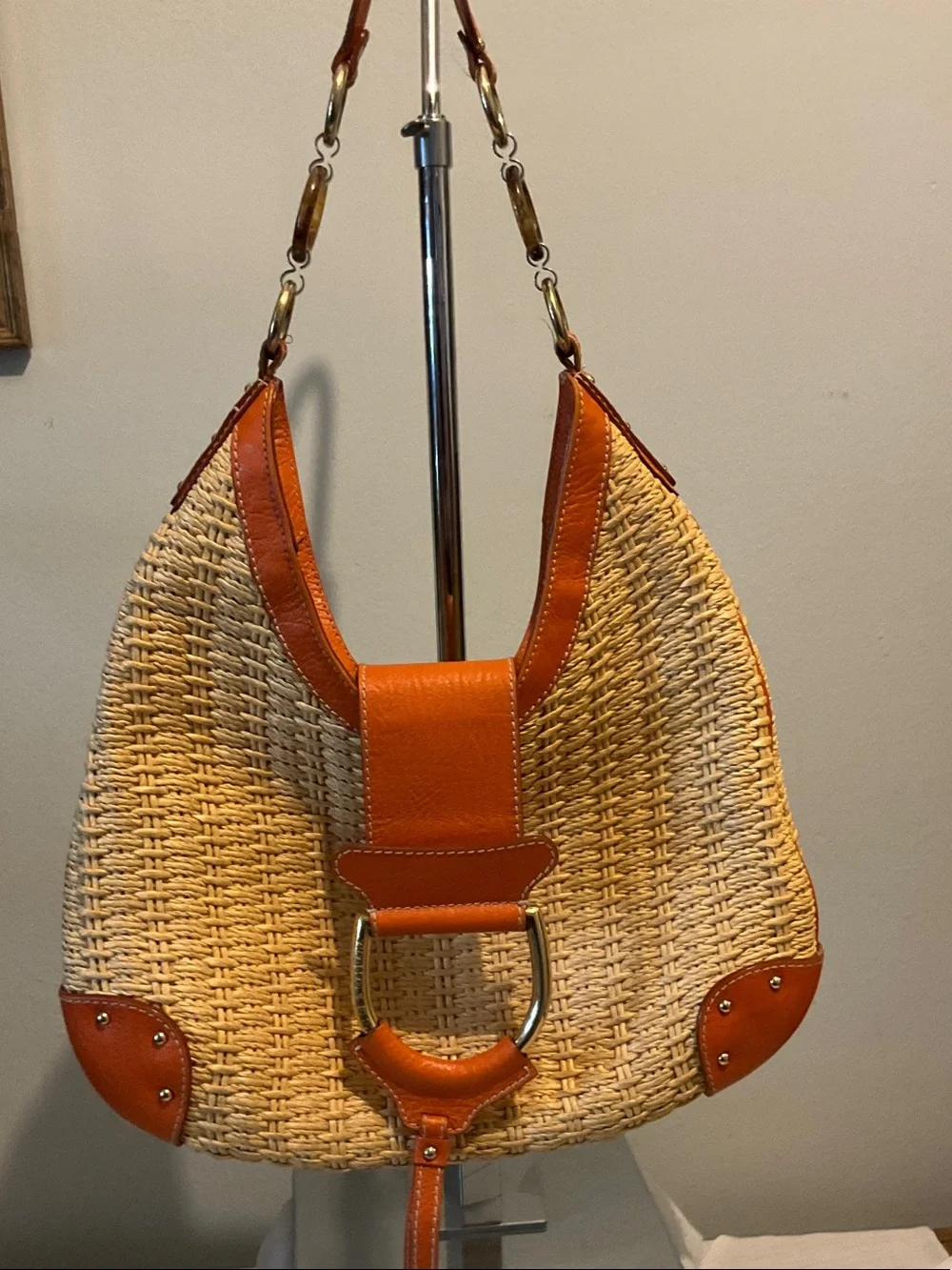 Dolce& Gabbana Vtg.Woven Straw Shoulder Bag with Orange Leather Trim - Picture 3 of 12